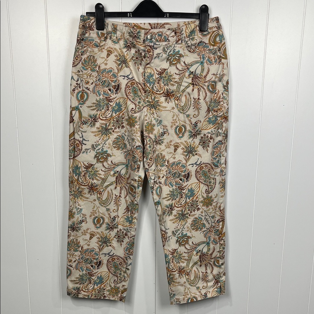 Rafaella Womens Crop Jeans 14 Brown Blue Paisley Print Pockets Button/Zip Casual